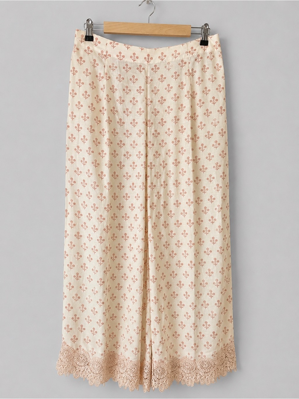 ETHNC Floral Print Wide Leg Pants Cream Pink Lace Hem Boho Palazzo